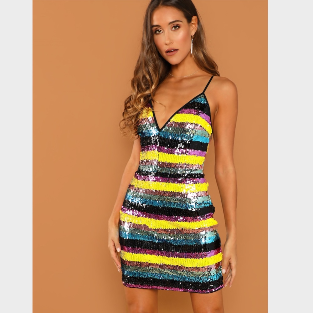 Sequin Plunging V-Neck Cami Mini Dress Striped - Picture 5 of 7
